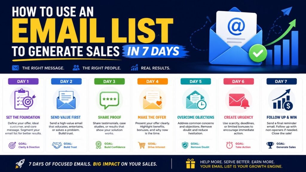 “How to Use an Email List to Generate Sales in 7 Days” showing a 7-day email marketing strategy with daily steps including building trust, sharing proof, making offers, creating urgency, and increasing sales through email campaigns.