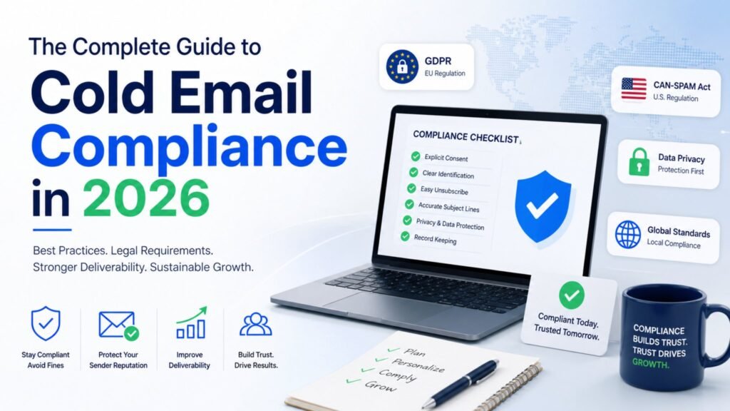 Cold Email Compliance Guide 2026 showing GDPR, CAN-SPAM, and CASL regulations with checklist and email marketing best practices