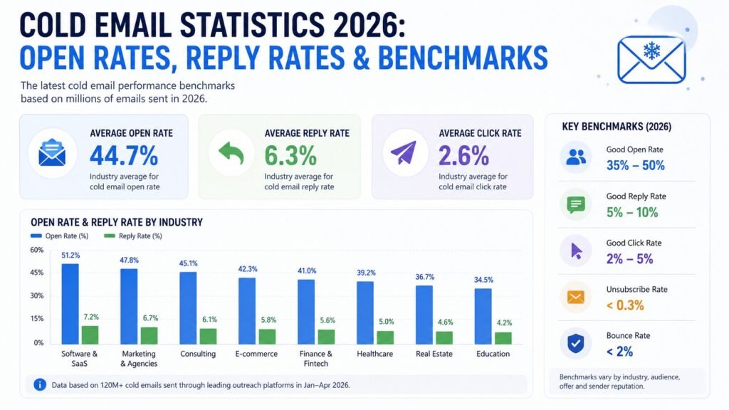 Infographic showing Cold Email Statistics 2026 including open rates, reply rates, click rates, and industry email marketing benchmarks.