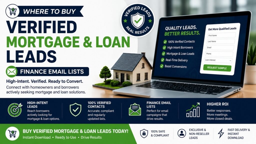 Professional banner promoting verified mortgage and loan leads finance email lists with laptop, house model, and lead generation marketing elements.